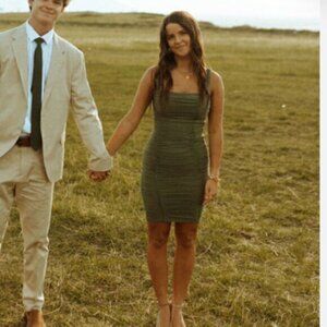 Selfie Leslie bodycon dress womens small Green Ruched Square Neck Thigh Length